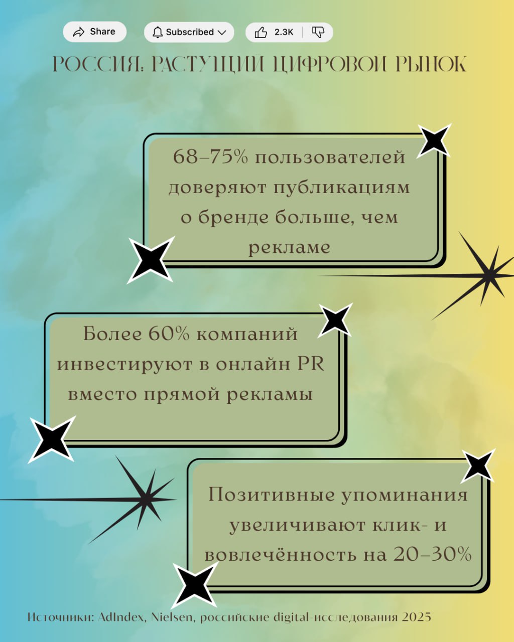 Digital-маркетинг: онлайн PR &mdash; управляйте доверием, а не только охватами 🤎

Мы продолжаем серию про ключевые каналы digital-маркетинга. Сегодня &mdash; инструмент, который работает тише рекламы, но влияет сильнее

Онлайн PR &mdash; это не про громкие пресс-релизы. Это про системную работу с репутацией, вниманием и доверием в цифровой среде. Про то, кто и где говорит о бренде, какими словами и в каком контексте

Онлайн PR - связующее звено между SEO, контентом, инфлюенсерами и брендингом. Именно поэтому бизнес всё чаще инвестирует не в прямую рекламу, а в экспертность, присутствие в медиа и управляемые упоминания

Как digital PR влияет на поиск и доверие аудитории 🤎